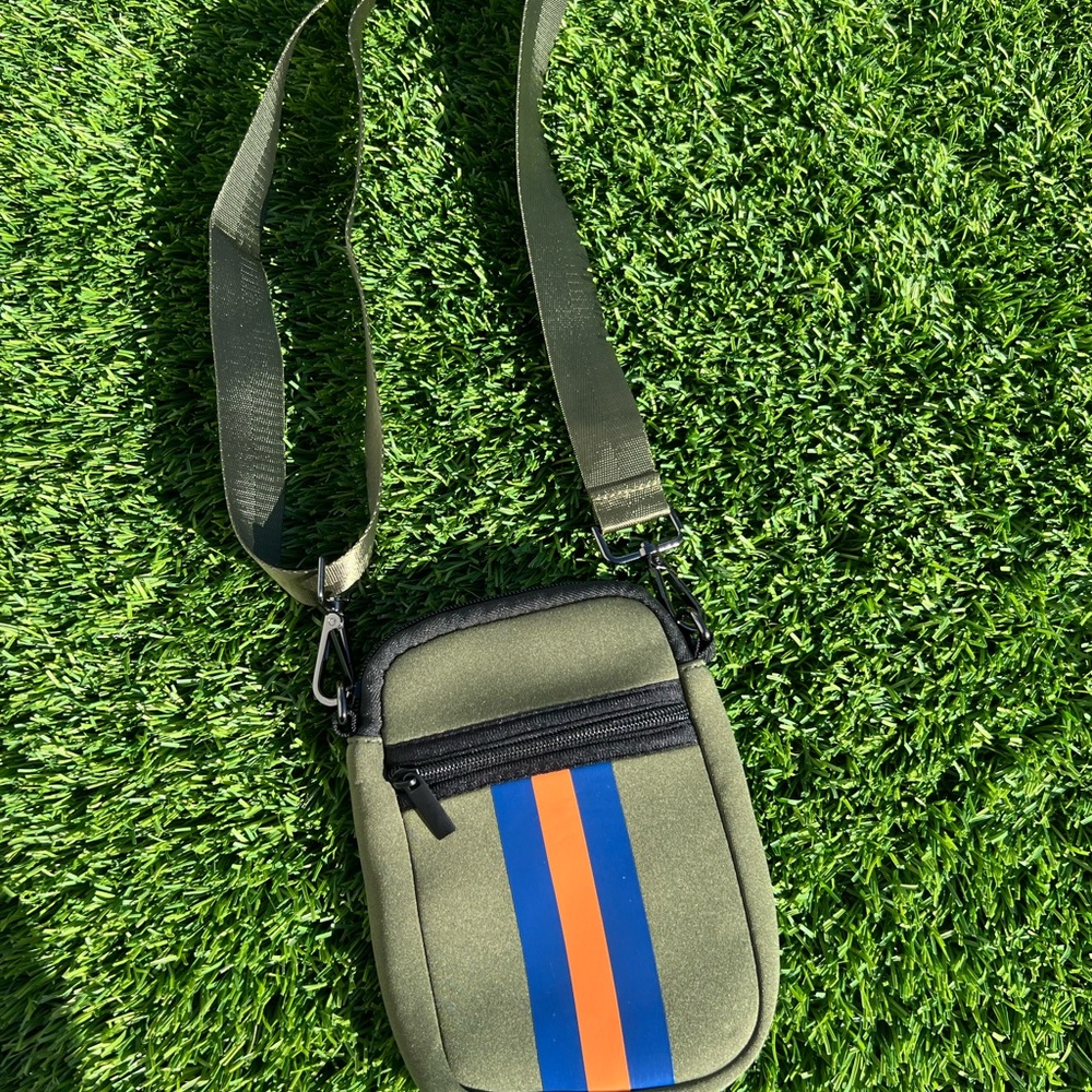 Parker & Hyde Mini Olive Green Crossbody Bag with Blue and Orange Stripes